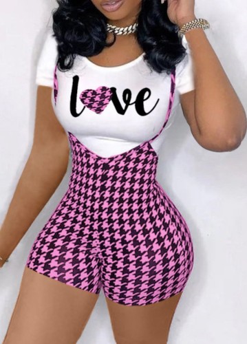 Bodycon Print White Tee and Pink Suspender Shorts