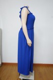 Plus Size Blue Strap Shirred Side Slit Long Dress