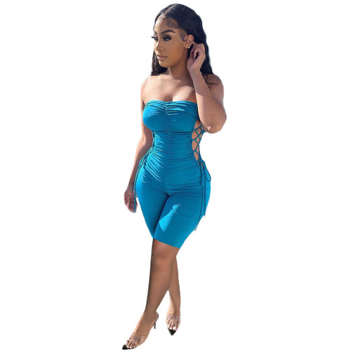 Blue Lace Up Sexy Ruched Strapless Bodycon Rompers