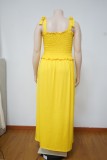 Plus Size Yellow Strap Shirred Side Slit Long Dress