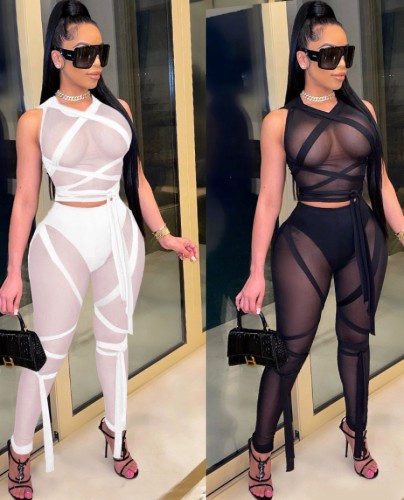 White Mesh See Through Sexy Bodycon Crop Top and Pants Set
