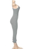 Grey Elegant Sexy Ribbed Slinky Cami Midi Dress