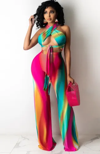 Sexy Colorful Halter Cross Neck Crop Top and High Waist Pants Set