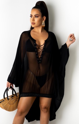 Black Lace-Up Transparent High Low Beach Dress Cover Up