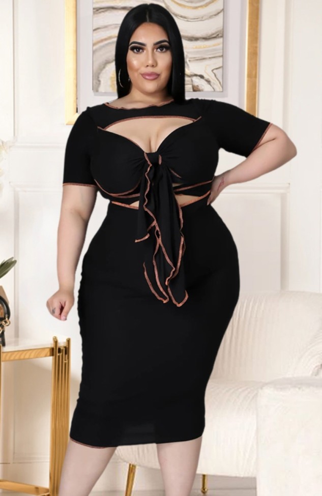 Plus Size Black Sexy Cut Out Tie Front Midi Dress