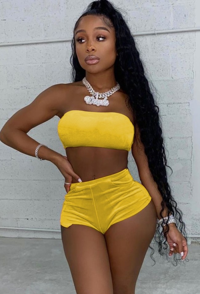 Yellow Sexy Bandeau Top and High Cut Shorts 2PCS Set