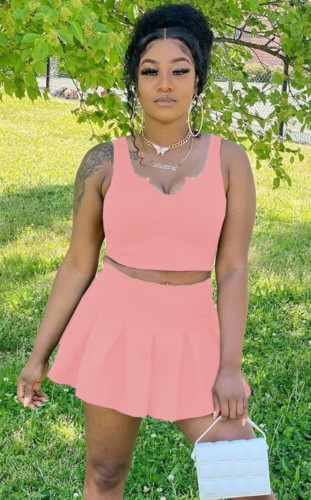 Casual Pink Crop Top and Pleated Mini Skirt Two Piece Set