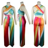Sexy Colorful Halter Cross Neck Crop Top and High Waist Pants Set
