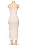 White Elegant Sexy Ribbed Slinky Cami Midi Dress