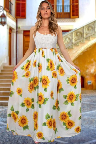 Sun Flower White Cami Backless Maxi Dress