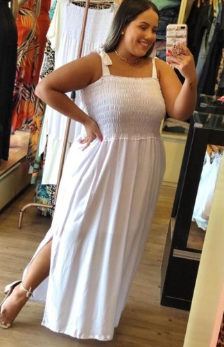 Plus Size White Strap Shirred Side Slit Long Dress