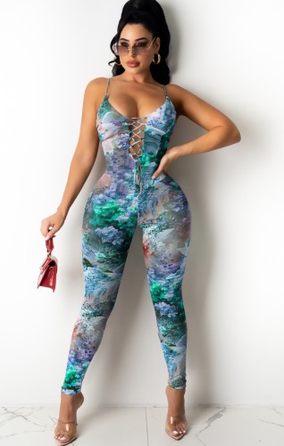 Floral Blue Lace-Up Sexy Cami Bodycon Jumpsuit