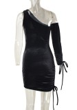 Black Hollow Out One Shoulder Single Sleeve Sexy Club Dress