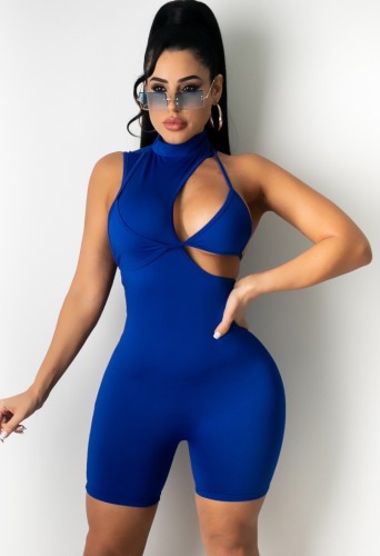 Sexy Blue Hollow Out Sleeveless Irregular Bodycon Rompers