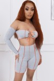 Grey Sexy Lace-Up Off Shoulder Crop Top and High Waist Shorts Set