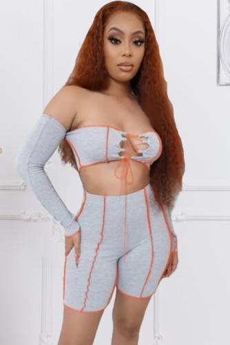 Grey Sexy Lace-Up Off Shoulder Crop Top and High Waist Shorts Set