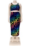Plus Size Print Colorful Sexy Crop Top and Long Skirt Set