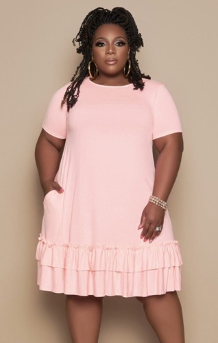 Plus Size Pink Ruffle T-Shirt Dress with Pocket