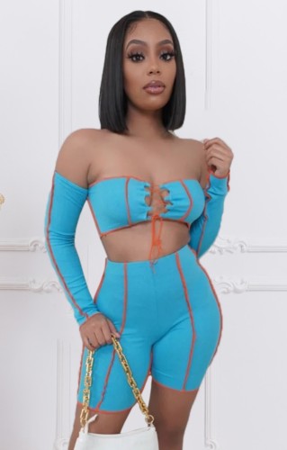 Blue Sexy Lace-Up Off Shoulder Crop Top and High Waist Shorts Set