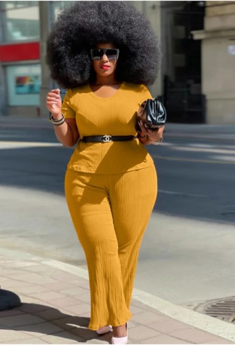 Plus Size Yellow V Neck Top and Pants 2PCS Set