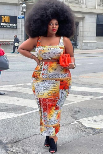 Plus Size Print Sexy Paisley Crop Top and Long Skirt Set