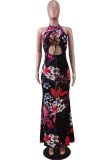 Sexy Lace-Up Floral Halter Low Back Maxi Dress