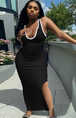 Sexy U Neck Black Side Slit Long Tank Dress