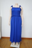 Plus Size Blue Strap Shirred Side Slit Long Dress
