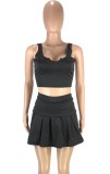 Casual Black Crop Top and Pleated Mini Skirt Two Piece Set