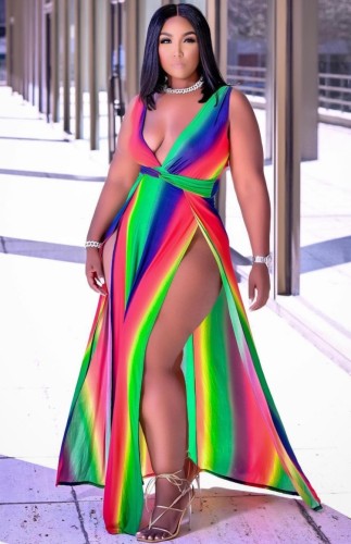 Plus Size Plunge Side Slit Sleeveless Sexy Rainbow Maxi Dress