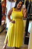 Plus Size Yellow Strap Shirred Side Slit Long Dress