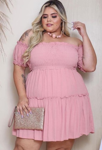 Plus Size Pink Off Shoulder High Waist Skater Dress