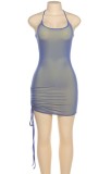 Blue Sexy Drawstring Halter Mini Bodycon Dress
