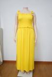 Plus Size Yellow Strap Shirred Side Slit Long Dress