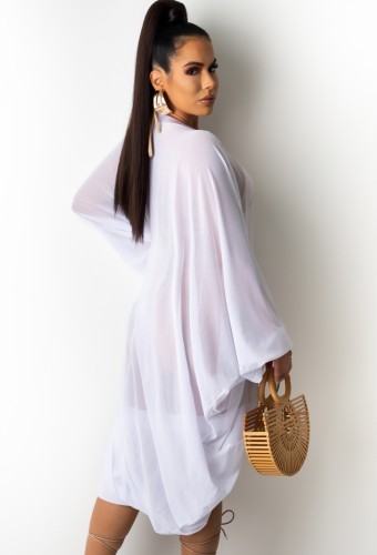 White Lace-Up Transparent High Low Beach Dress Cover Up