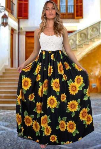 Sun Flower Black Cami Backless Maxi Dress