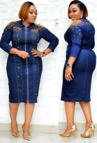 African Style Beaded Denim Blue Midi Dress