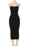 Black Elegant Sexy Ribbed Slinky Cami Midi Dress