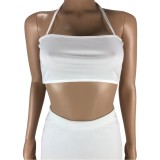 White Sexy Halter Crop Top and Midi Skirt Set