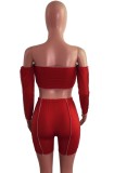 Red Sexy Lace-Up Off Shoulder Crop Top and High Waist Shorts Set