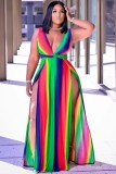 Plus Size Plunge Side Slit Sleeveless Sexy Rainbow Maxi Dress