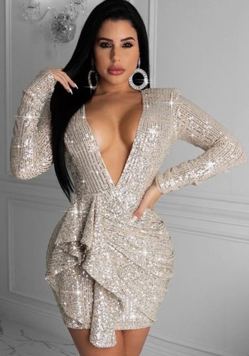 Sequins Long Sleeve Plunge Bodycon Dress