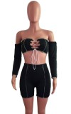 Black Sexy Lace-Up Off Shoulder Crop Top and High Waist Shorts Set