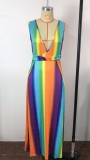 Plus Size Plunge Side Slit Sleeveless Sexy Rainbow Long Dress