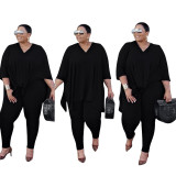 Plus Size Gray V Neck Loose Slit Top and Fit Pants Two Piece Set