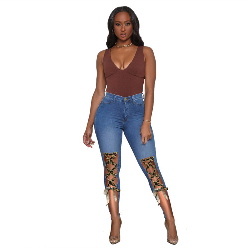 High Waisted Tight Hollow Out Leopard Lace Up Blue Jeans