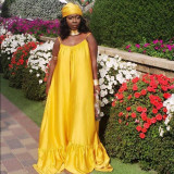 Yellow Satin Strap Loose Long Dress with Belt