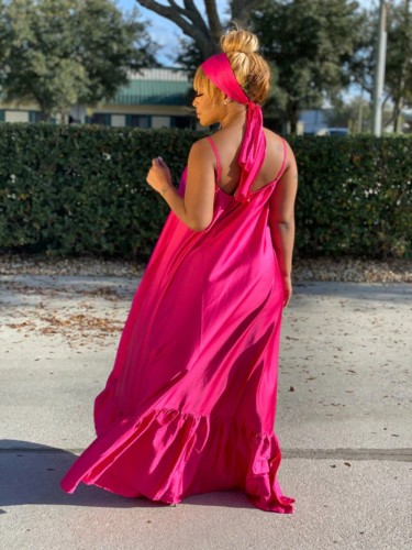Hot Pink Satin Strap Loose Long Dress with Belt