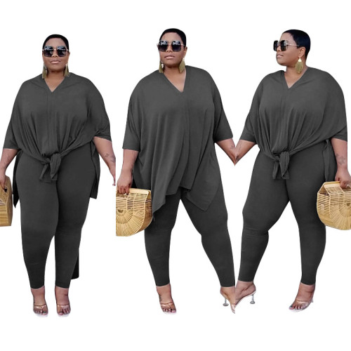 Plus Size Gray V Neck Loose Slit Top and Fit Pants Two Piece Set