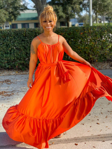 Orange Satin Strap Loose Long Dress with Belt